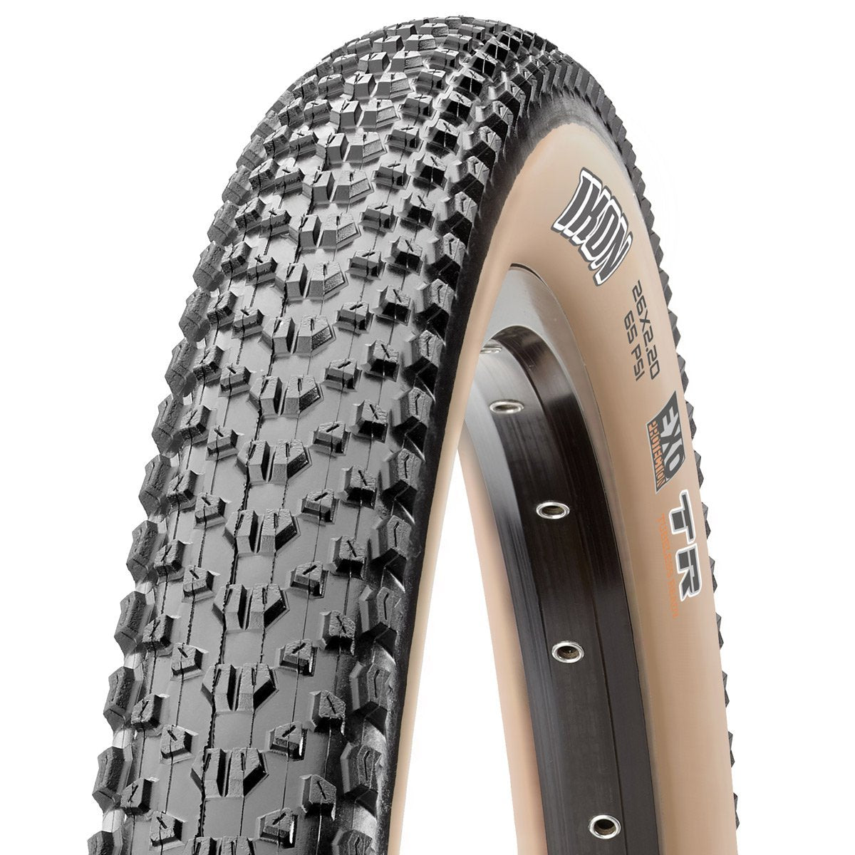 Maxxis Ikon 26" Folding MTB Tire - EXO - Black-Skinwall Black - Tan Wall 2.2" (DC)Dual Compound - (TR)Tubeless Ready - 60TPI - (EXO)EXO Sidewall